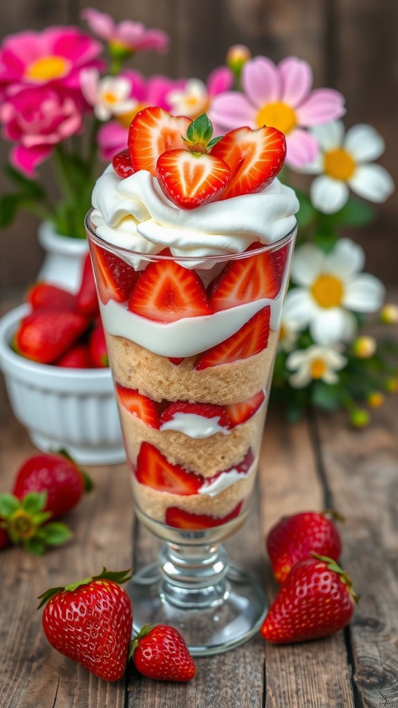 A delicious strawberry shortcake parfait with layers of strawberries, whipped cream, and cake, surrounded by fresh strawberries and flowers.