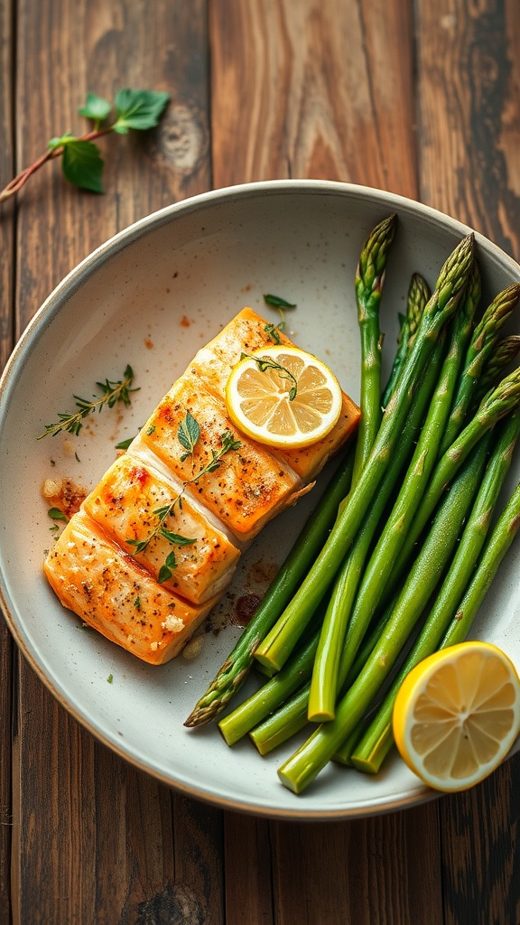 A plate of lemon garlic salmon with asparagus, garnished with lemon slices and herbs.