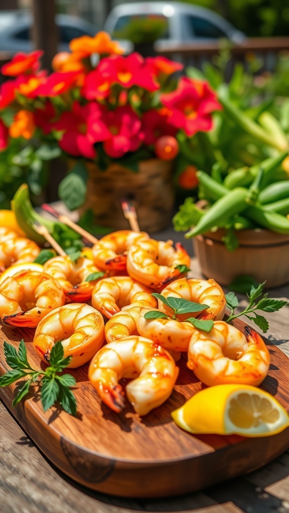Citrus-infused shrimp skewers on a wooden platter with lemon and herbs