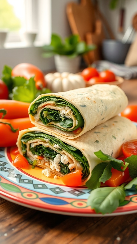 Spinach and feta omelette wraps on a colorful plate with fresh vegetables