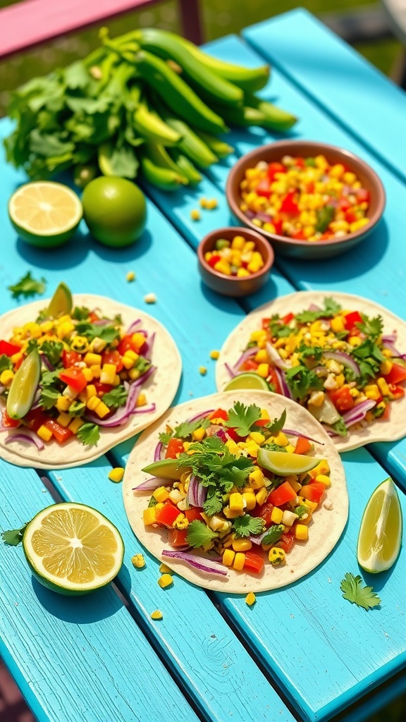Avocado corn salsa tacos on a colorful table with fresh ingredients