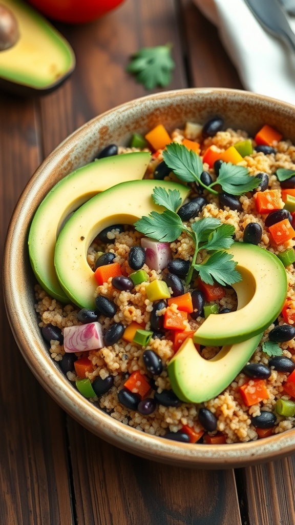 A colorful quinoa and black bean bowl topped with avocado slices and fresh cilantro.
