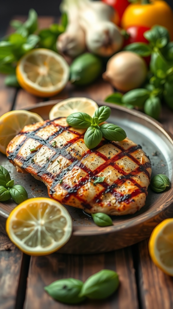 Grilled chicken breast garnished with basil and lemon slices, surrounded by fresh vegetables.