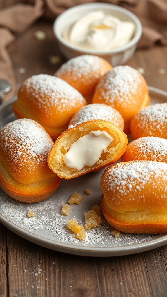 Delicious Masa Twinkies filled with cream, dusted with powdered sugar, on a rustic wooden table.