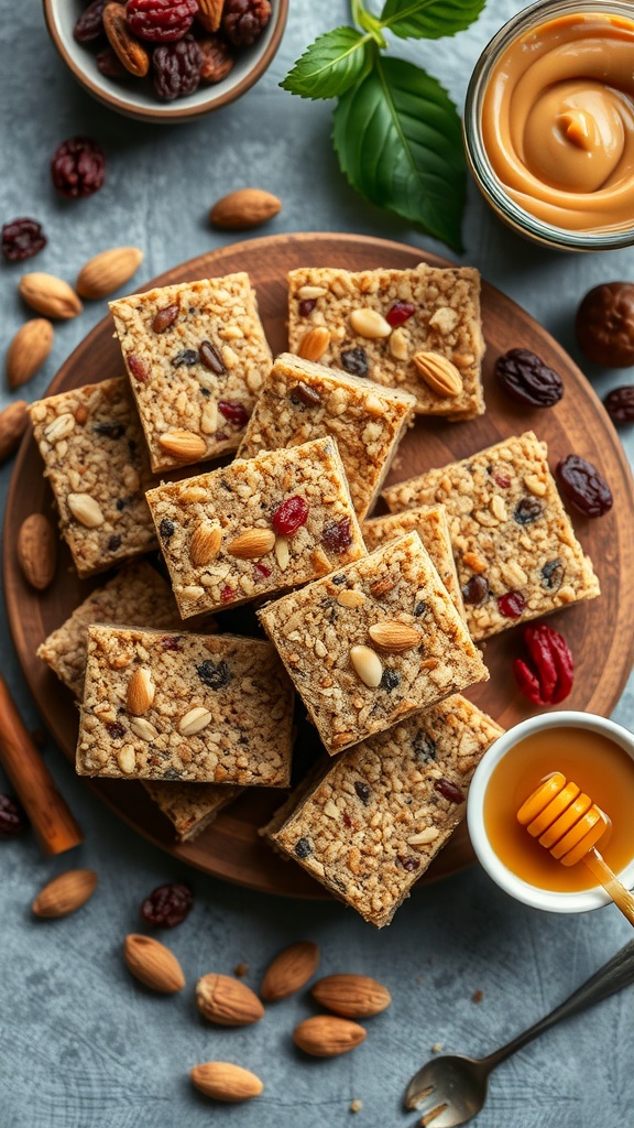 Homemade healthy energy bars with nuts and dried fruits on a wooden board.