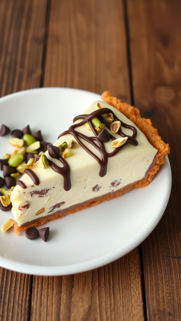 A slice of no-bake cannoli pie with chocolate chips and pistachios on a plate.