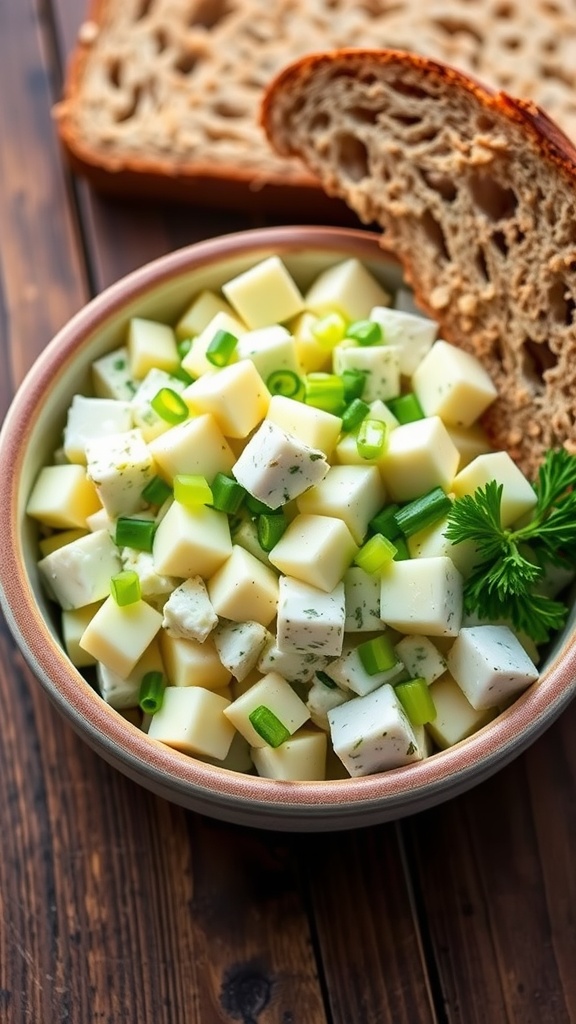 Creamy Cottage Cheese Egg Salad Recipe Creamy cottage cheese egg salad with chopped eggs, celery, and green onions, served with whole grain bread.