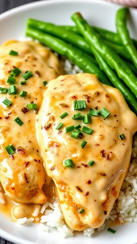 Quick and Easy Creamy Garlic Chicken Recipe Creamy garlic chicken served with rice and vegetables, garnished with parsley.