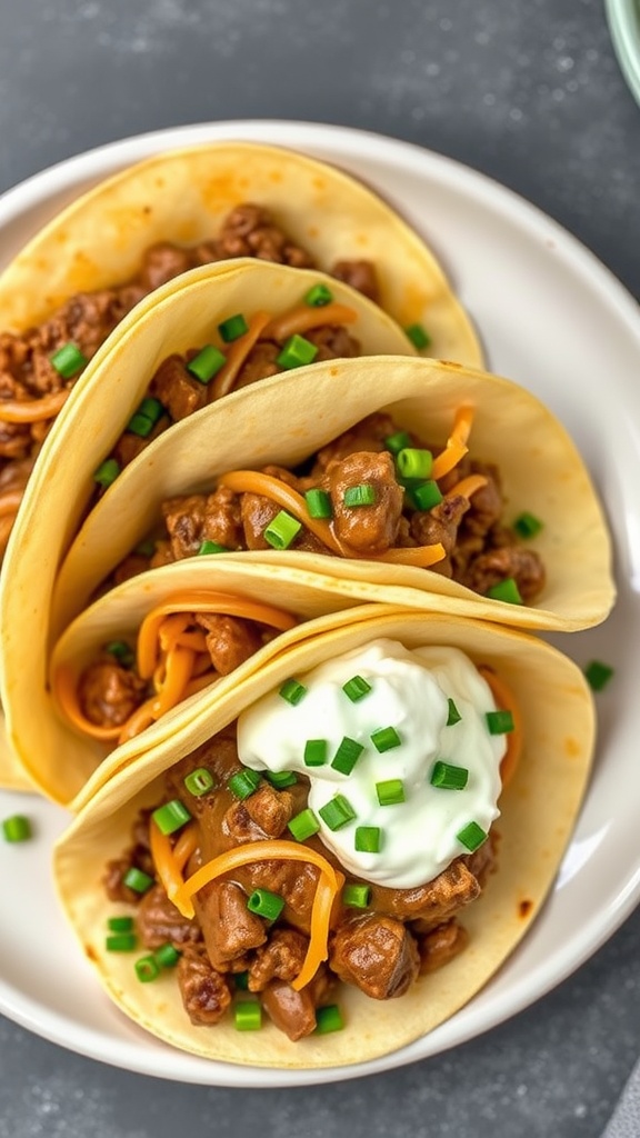 Three beef stroganoff tacos topped with sour cream and chives on a plate.