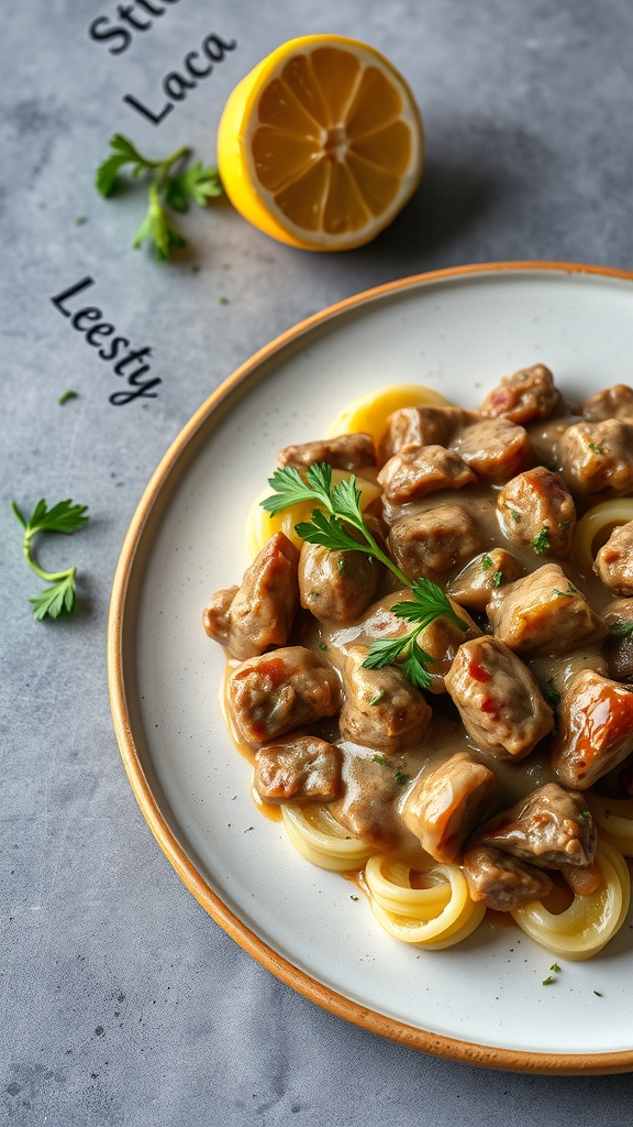 A plate of Beef Stroganoff with noodles, garnished with parsley and a lemon half beside it.