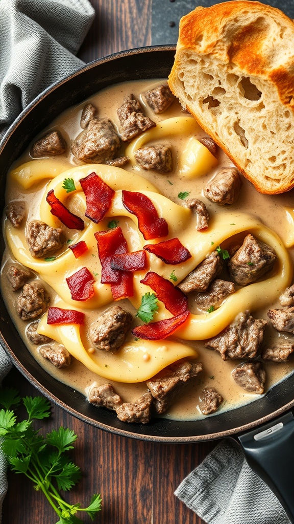 A delicious bowl of Beef Stroganoff with Bacon, featuring Stroganoff noodles, tender beef, and crispy bacon, served with a slice of bread.