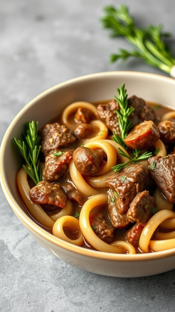A bowl of Beef Stroganoff with caramelized shallots and Stroganoff noodles.