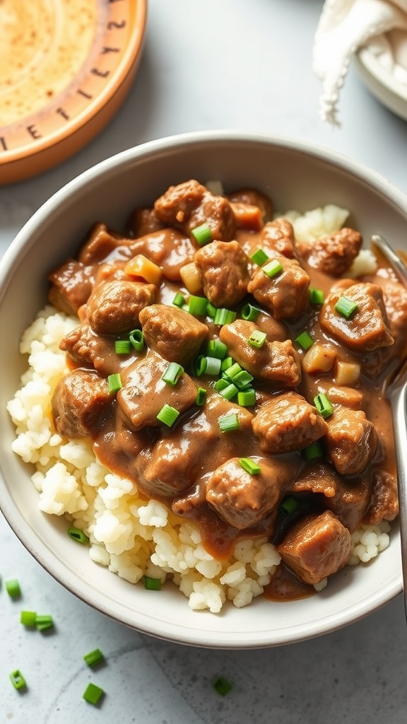 A bowl of Beef Stroganoff served over cauliflower rice, garnished with chives.