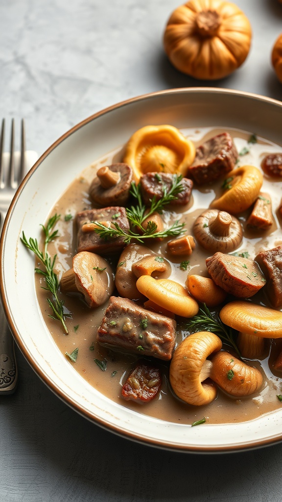 A delicious bowl of Beef Stroganoff with chanterelle mushrooms, served with noodles.
