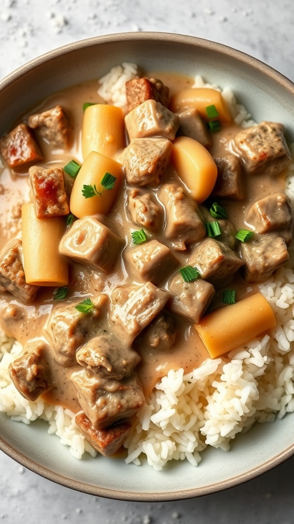 A bowl of Beef Stroganoff with creamy garlic sauce served over rice, garnished with green onions.