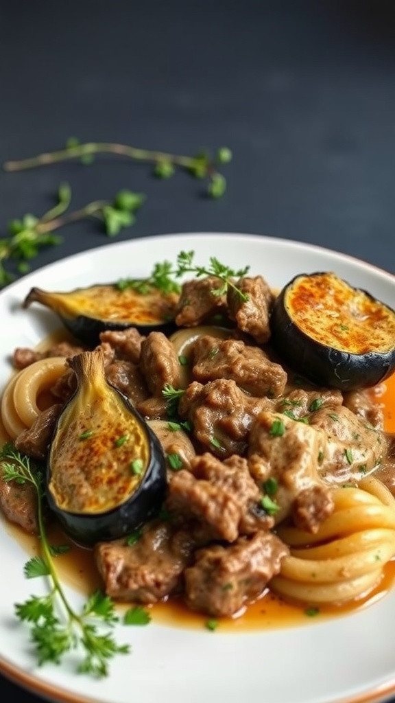 A plate of Beef Stroganoff with eggplant and noodles garnished with parsley