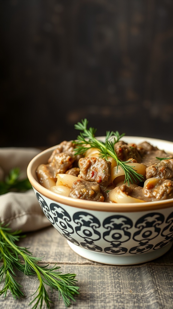 A bowl of Beef Stroganoff with fresh dill, served over noodles.