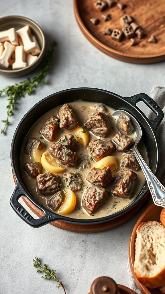 A delicious bowl of Beef Stroganoff with Fresh Thyme, featuring tender beef, creamy sauce, and Stroganoff noodles.