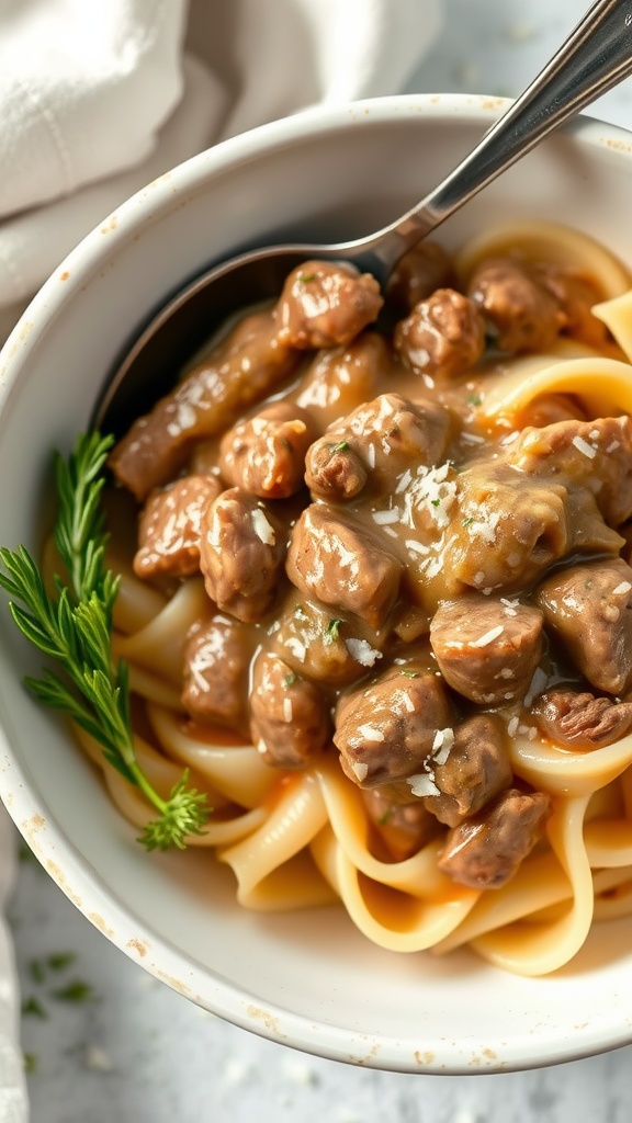 A bowl of beef stroganoff with gravy mix served over noodles, garnished with parsley.