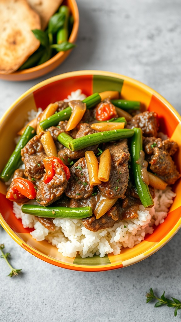 A colorful bowl of Beef Stroganoff with green beans served over rice.