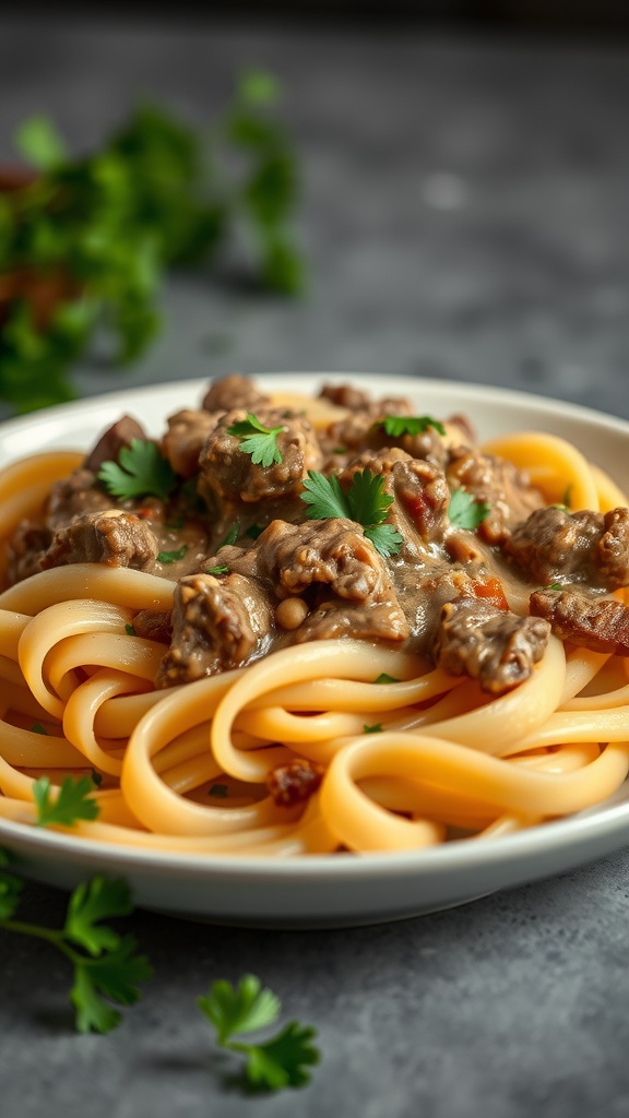 A plate of Beef Stroganoff with Pappardelle Pasta topped with fresh parsley.