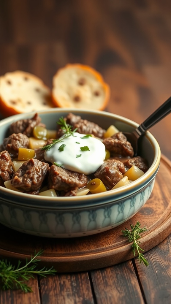 A bowl of Beef Stroganoff with pickles, garnished with sour cream and herbs.