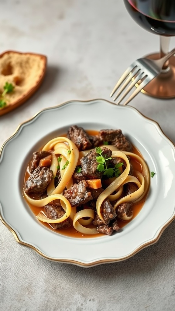 A plate of Beef Stroganoff with red wine reduction served with Stroganoff noodles and garnished with parsley.
