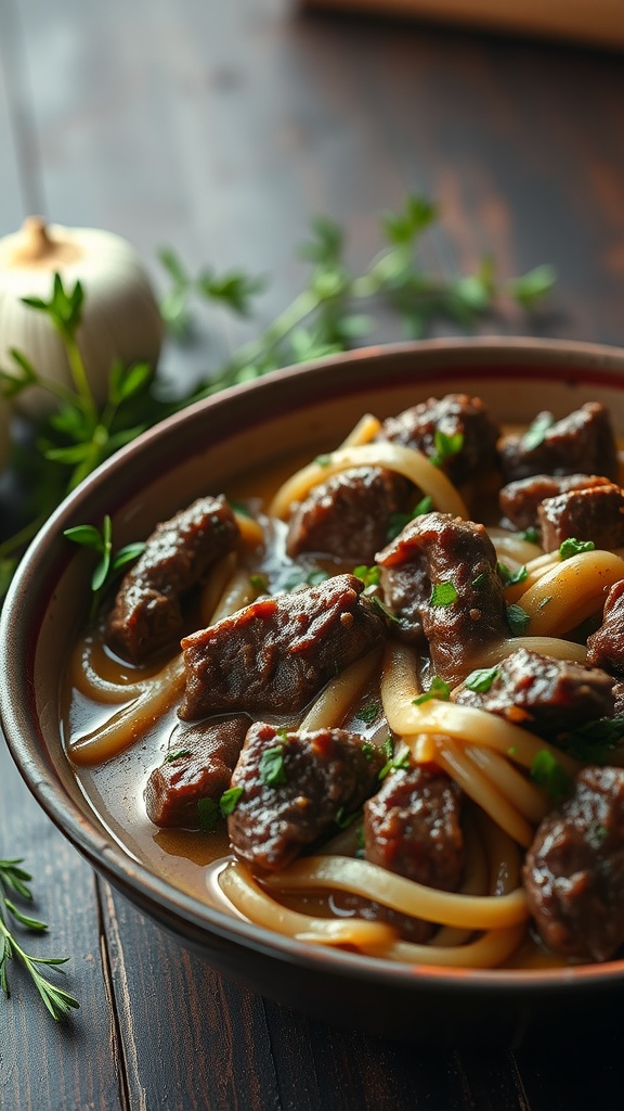 A bowl of Beef Stroganoff with roasted garlic, featuring tender beef and Stroganoff noodles in a rich gravy.