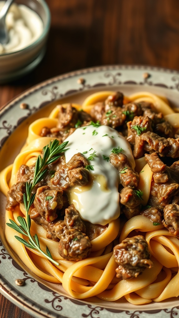 A plate of Beef Stroganoff with noodles, topped with sour cream and garnished with parsley.