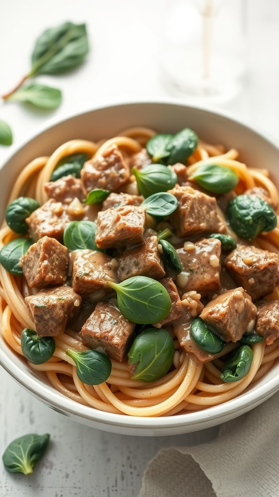 A bowl of Beef Stroganoff with Spinach served over Stroganoff noodles, garnished with fresh spinach leaves.