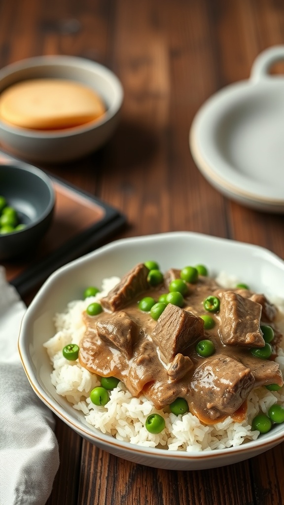 A bowl of Beef Stroganoff with Sweet Peas served over rice, garnished with green peas.