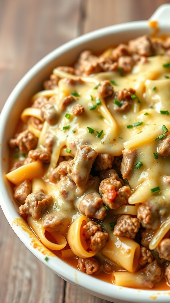 A delicious serving of Beef Stroganoff with Swiss cheese over noodles.