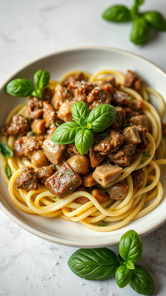 A bowl of Beef Stroganoff with Zucchini Noodles garnished with basil.
