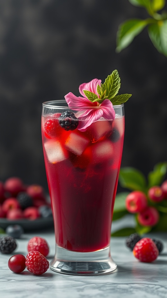 A refreshing glass of Berry Hibiscus Iced Tea garnished with mint and berries