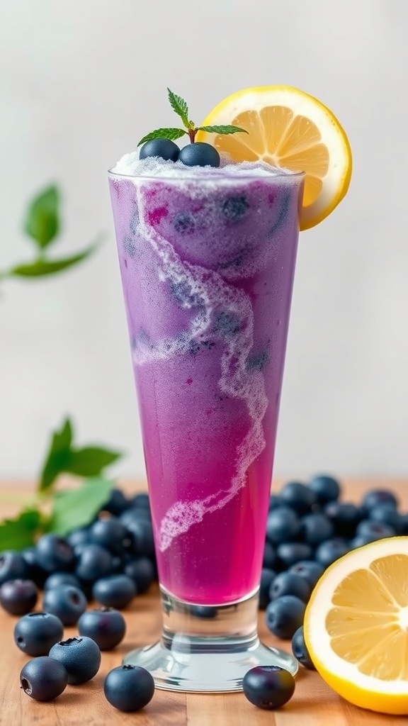 A refreshing glass of blueberry lemonade slush garnished with blueberries and a lemon slice.