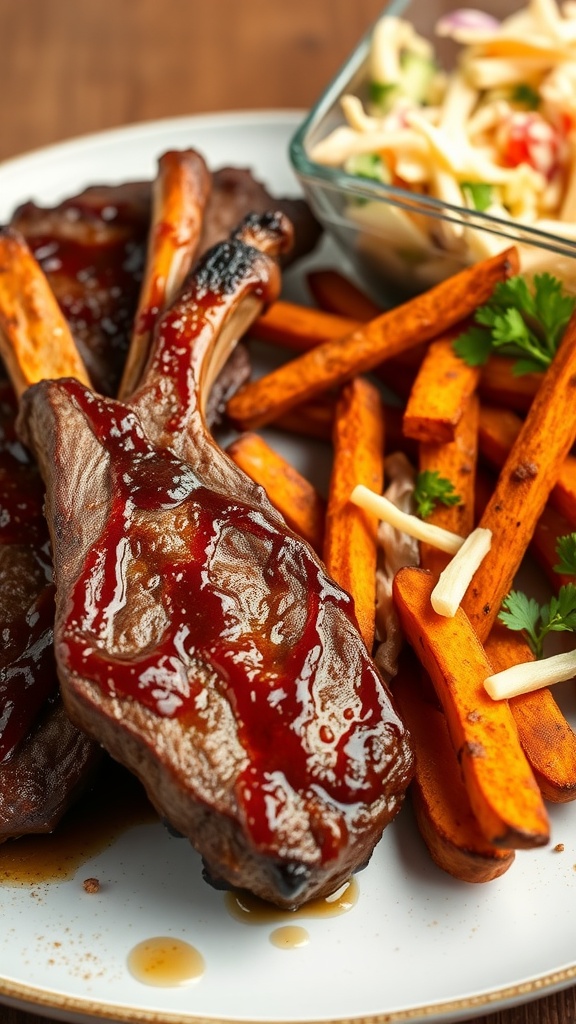 Bourbon glazed lamb steaks served with sweet potato fries and a side salad.