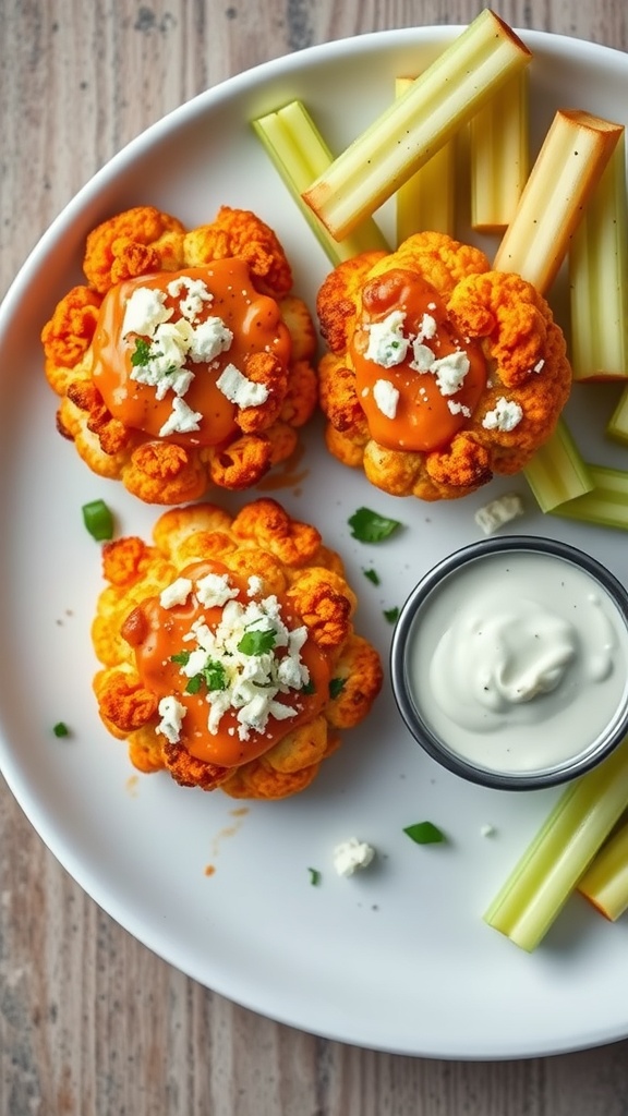 Plate of Buffalo Blue Cheese Cauliflower Steaks with celery sticks and ranch dressing
