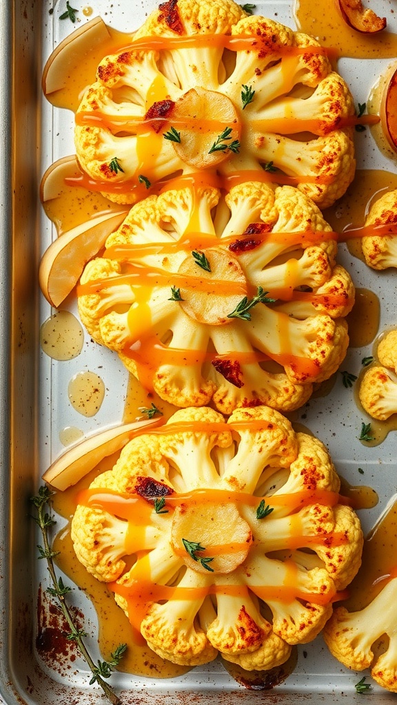 Cheesy cauliflower steaks with apple cider reduction on a baking sheet