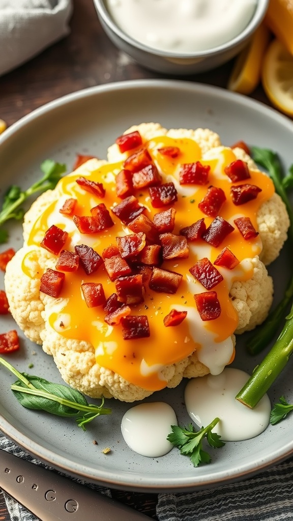 Cheesy Cauliflower Steaks topped with bacon bits and cheese, served on a plate with fresh greens.