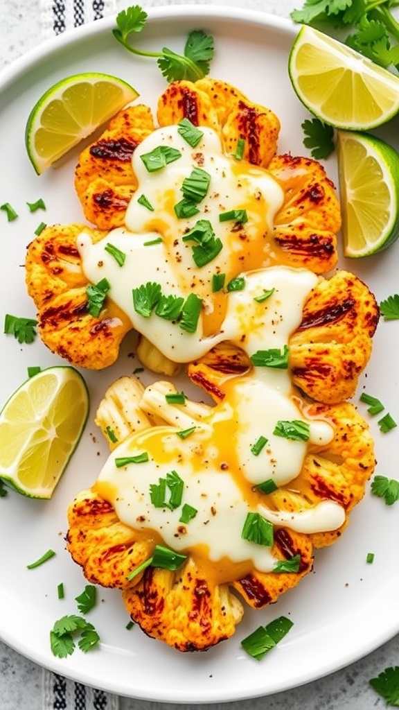 Cheesy cauliflower steaks topped with cilantro lime dressing and garnished with lime wedges.
