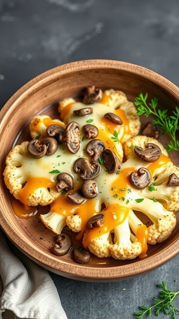 Cheesy Cauliflower Steaks topped with mushrooms in a wooden bowl