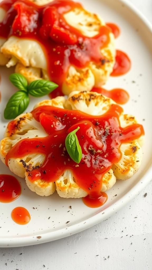 Cheesy cauliflower steaks topped with roasted red pepper sauce and garnished with basil.