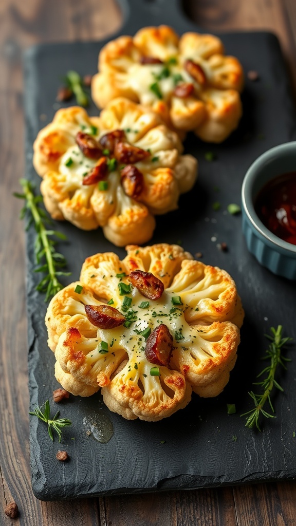 Cheesy cauliflower steaks topped with herbs and served on a slate board.