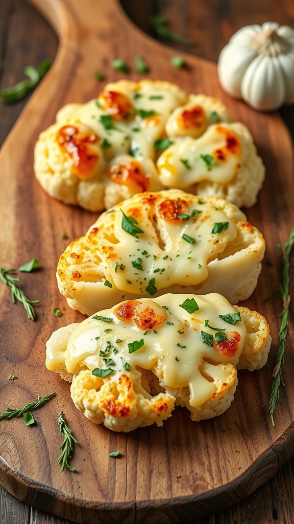 Cheesy garlic herb cauliflower steaks topped with melted cheese and herbs on a wooden cutting board.