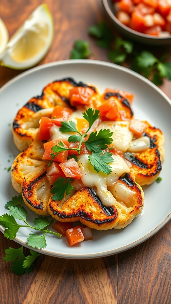 Cheesy Mexican Cauliflower Steaks topped with fresh salsa and garnished with cilantro