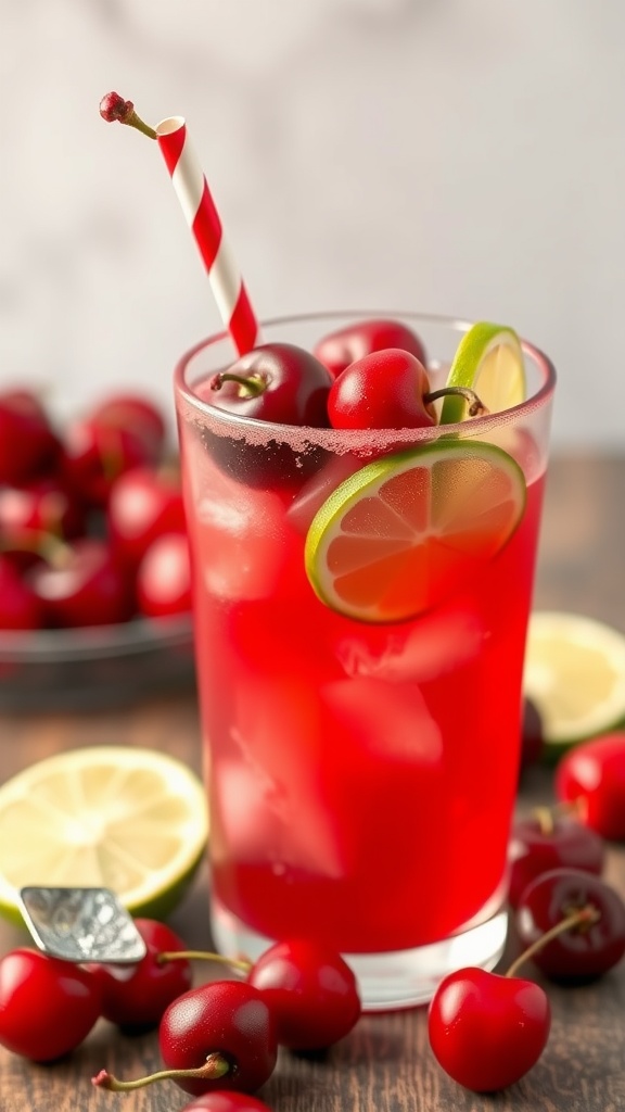 A refreshing glass of Cherry Limeade with cherries and lime slices, perfect for summer.