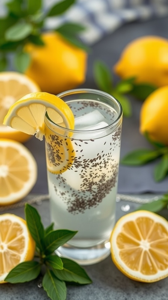 A refreshing glass of chia seed lemonade with lemon slices and chia seeds, surrounded by fresh lemons.