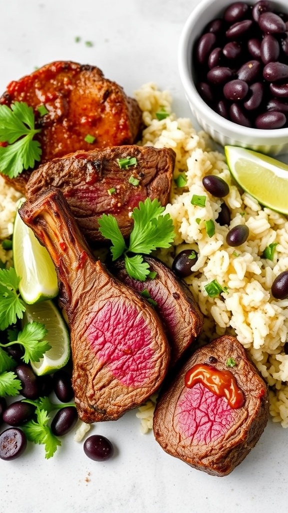 Chipotle Lime Lamb Steaks served with cilantro rice and black beans