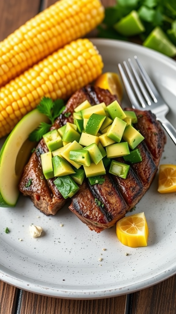 Grilled lamb steak topped with avocado salsa, served with corn and lime wedges.