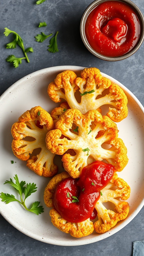 Crispy Parmesan Crusted Cauliflower Steaks served with ketchup
